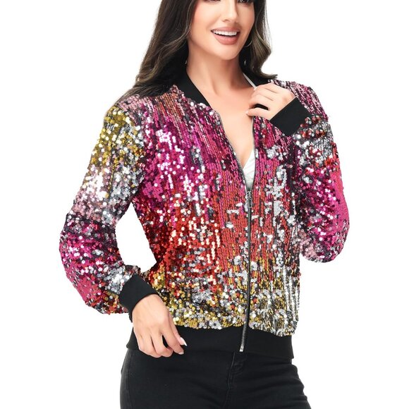 Brand New Women Confetti Polyester Sequin Long Sleeve Front Zip Jacket Bomber - Picture 2 of 6
